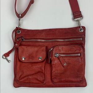 Vintage Fossil dark brick Red Leather Crossbody Bag Silver Zippers Key charm